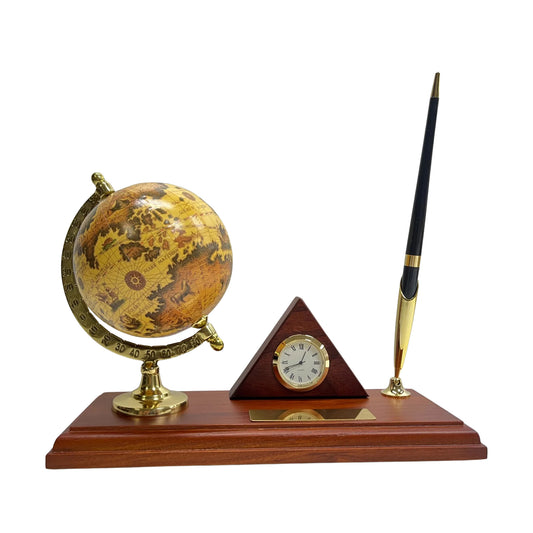 ხის სამაგიდე ნაკრები გლობუსი, საათი და კალამი